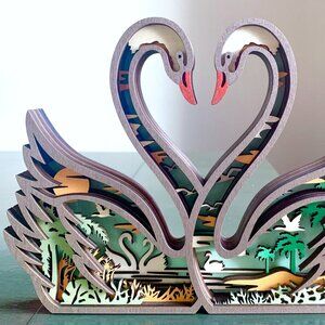 Valentine's Day Love Swans Birds Heart Water Scene Wood Diorama 3D Sculpture